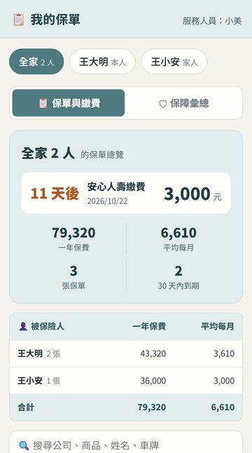 同一個保戶畫面換成不同配色的樣子(範例資料)